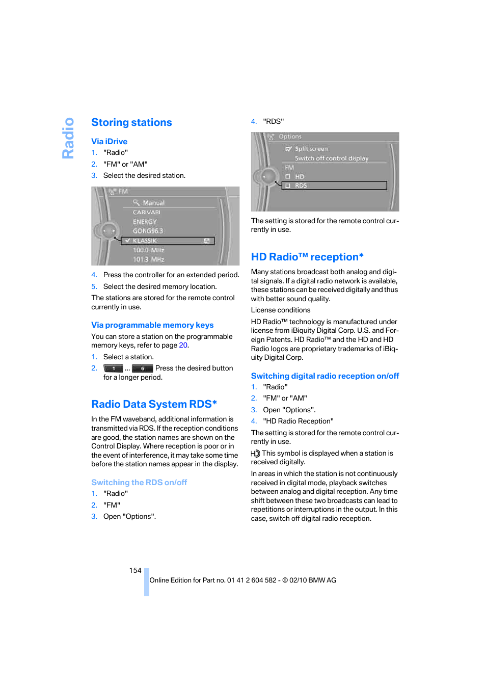 Storing stations, Radio data system rds, Hd radio™ reception | Radi o | BMW 328i xDrive Sports Wagon 2011 User Manual | Page 156 / 286