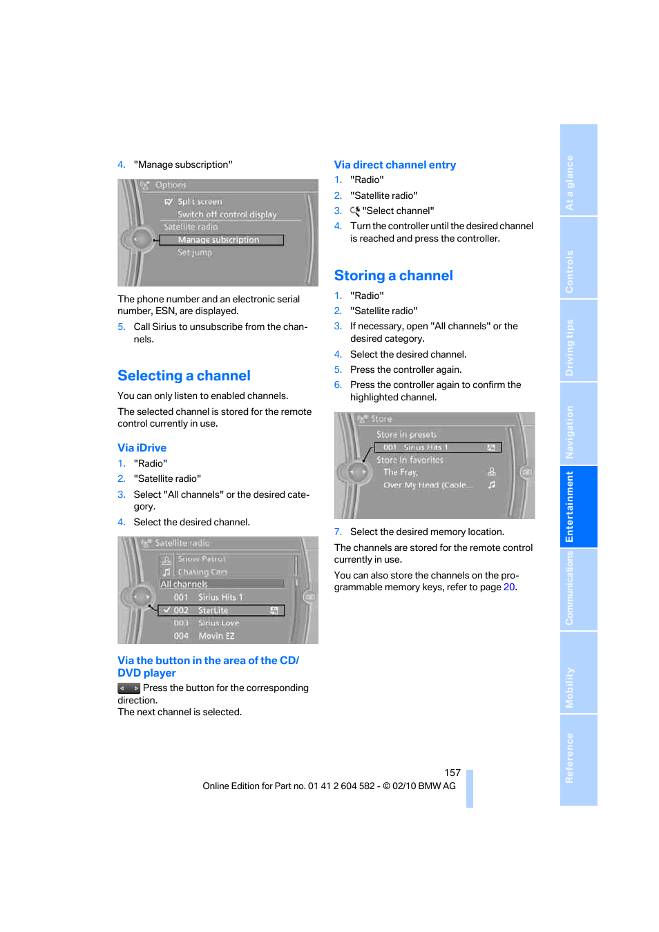 Selecting a channel, Storing a channel | BMW 328i xDrive Sports Wagon 2011 User Manual | Page 159 / 286