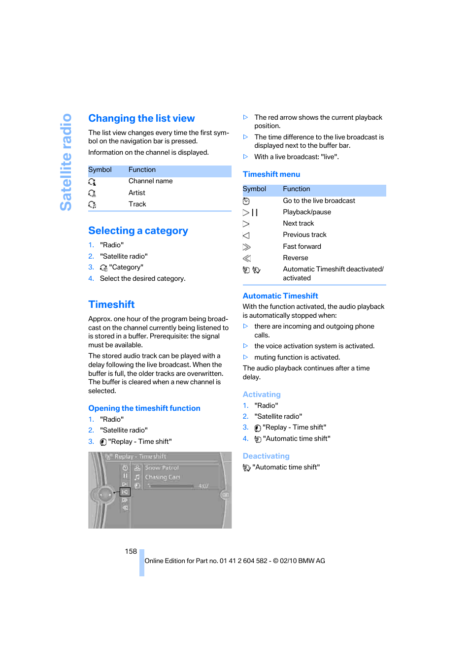 Changing the list view, Selecting a category, Timeshift | Satellite radio | BMW 328i xDrive Sports Wagon 2011 User Manual | Page 160 / 286