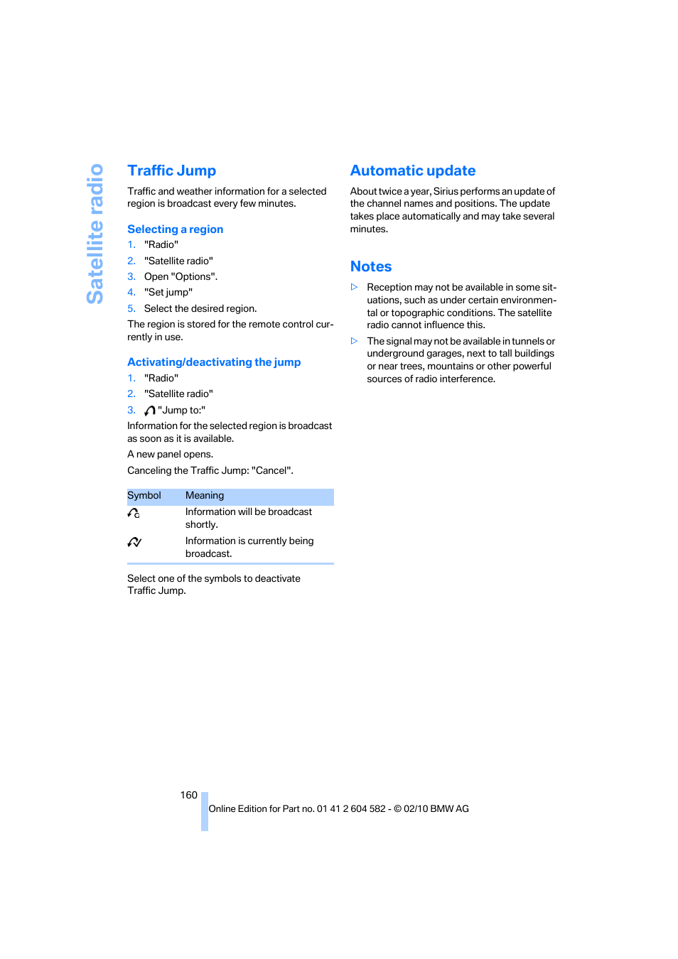 Traffic jump, Automatic update, Notes | Satellite radio | BMW 328i xDrive Sports Wagon 2011 User Manual | Page 162 / 286