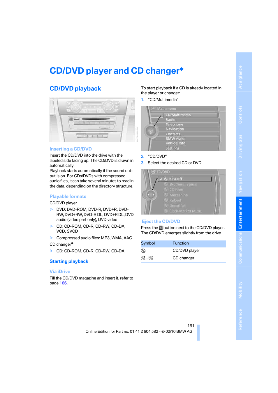 Cd/dvd player and cd changer, Cd/dvd playback | BMW 328i xDrive Sports Wagon 2011 User Manual | Page 163 / 286