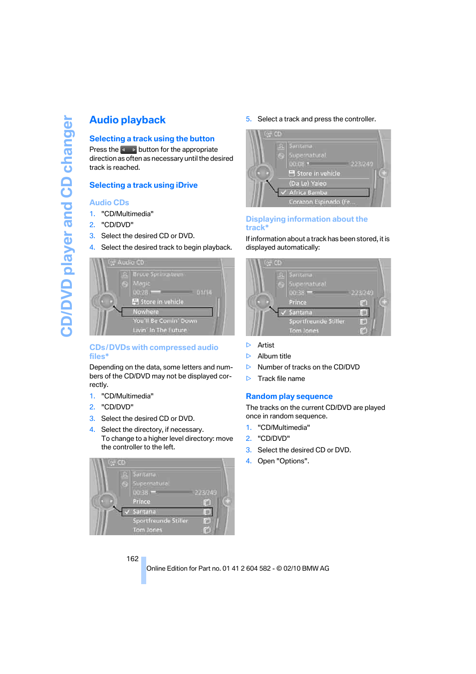 Audio playback, Cd/dvd player and cd changer | BMW 328i xDrive Sports Wagon 2011 User Manual | Page 164 / 286