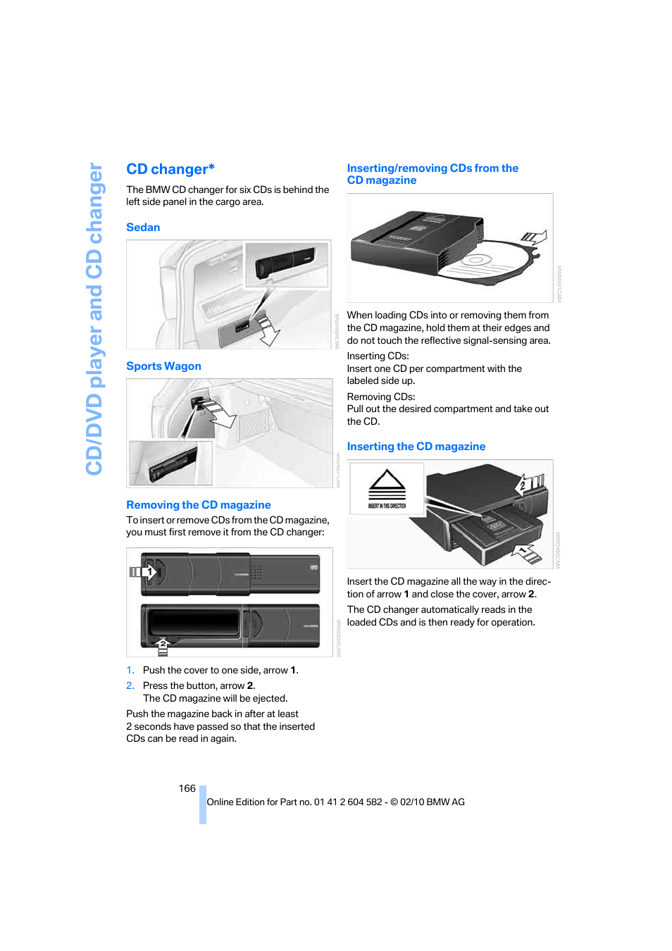 Cd changer, Cd/dvd player and cd changer | BMW 328i xDrive Sports Wagon 2011 User Manual | Page 168 / 286