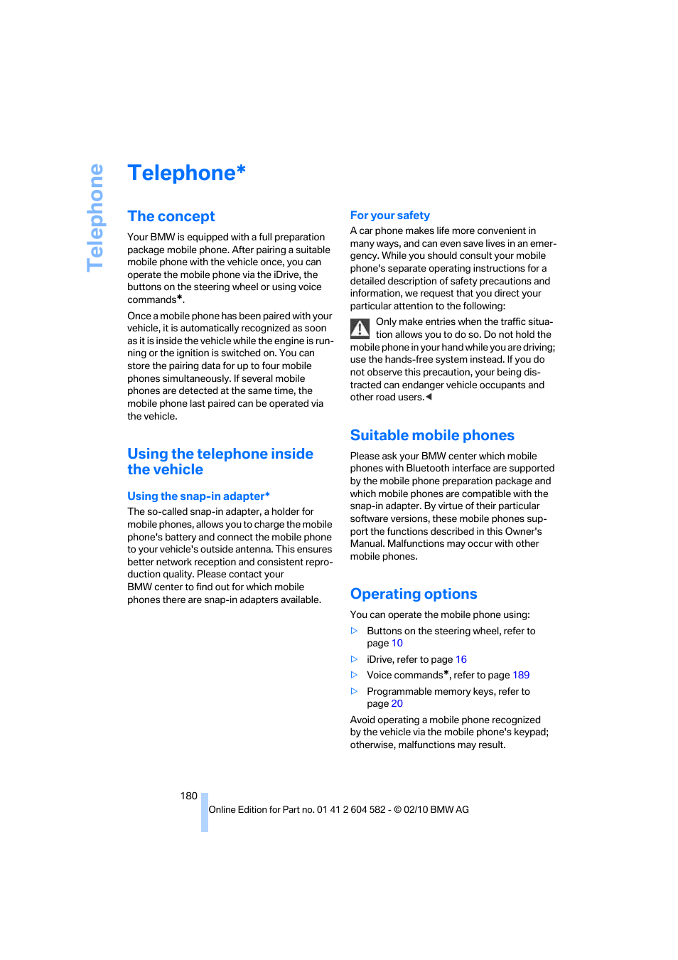 Telephone, The concept, Using the telephone inside the vehicle | Suitable mobile phones, Operating options, Icat, Te lephone | BMW 328i xDrive Sports Wagon 2011 User Manual | Page 182 / 286