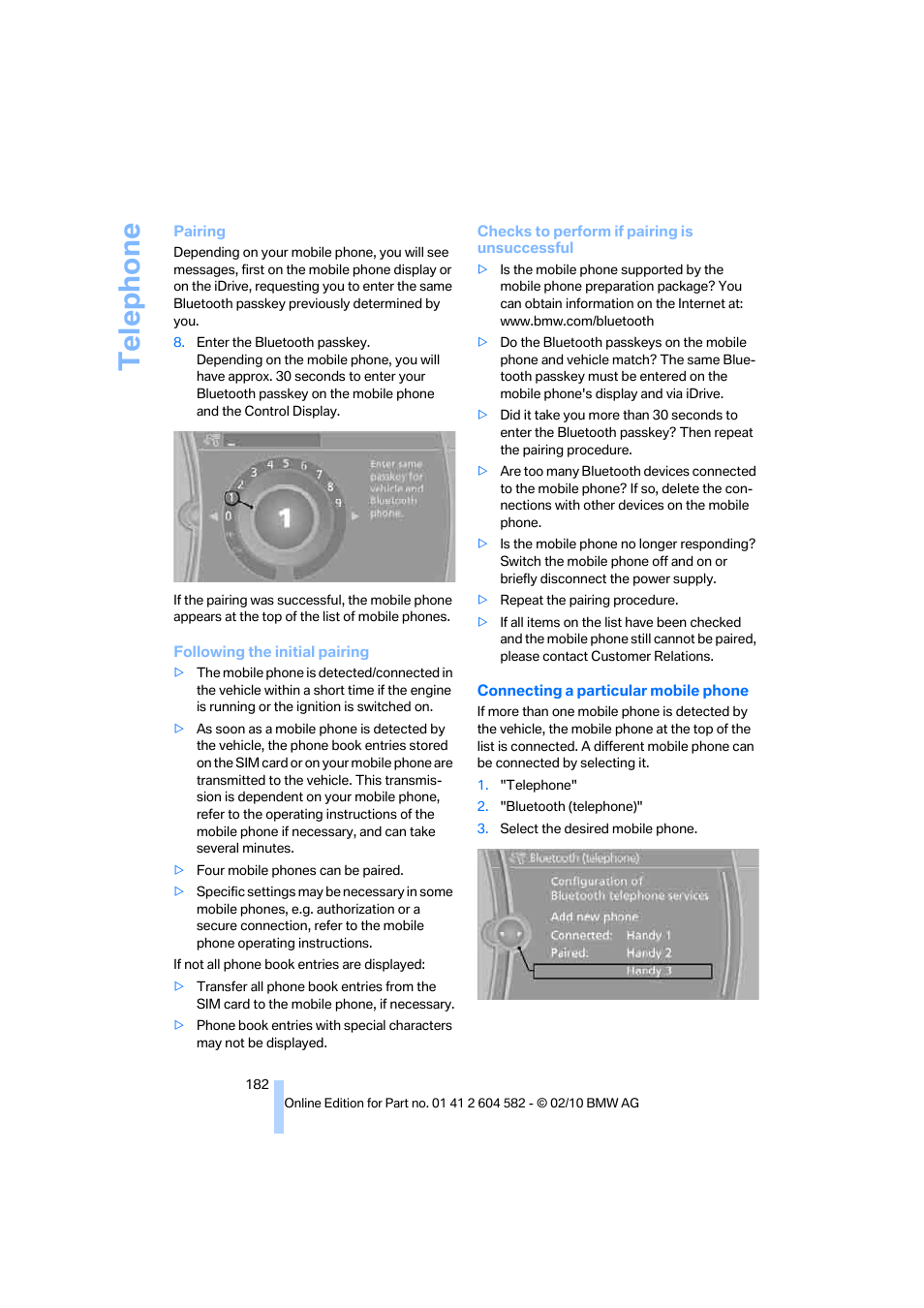 Te lephone | BMW 328i xDrive Sports Wagon 2011 User Manual | Page 184 / 286