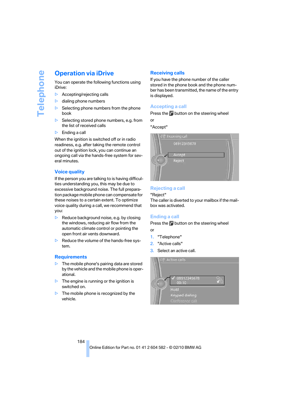 Operation via idrive, Te lephone | BMW 328i xDrive Sports Wagon 2011 User Manual | Page 186 / 286