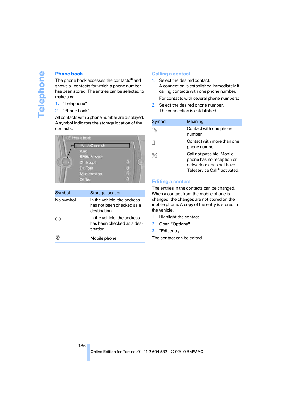 Te lephone | BMW 328i xDrive Sports Wagon 2011 User Manual | Page 188 / 286