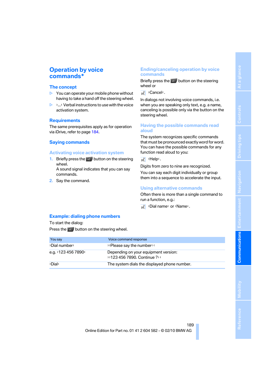 Operation by voice commands | BMW 328i xDrive Sports Wagon 2011 User Manual | Page 191 / 286