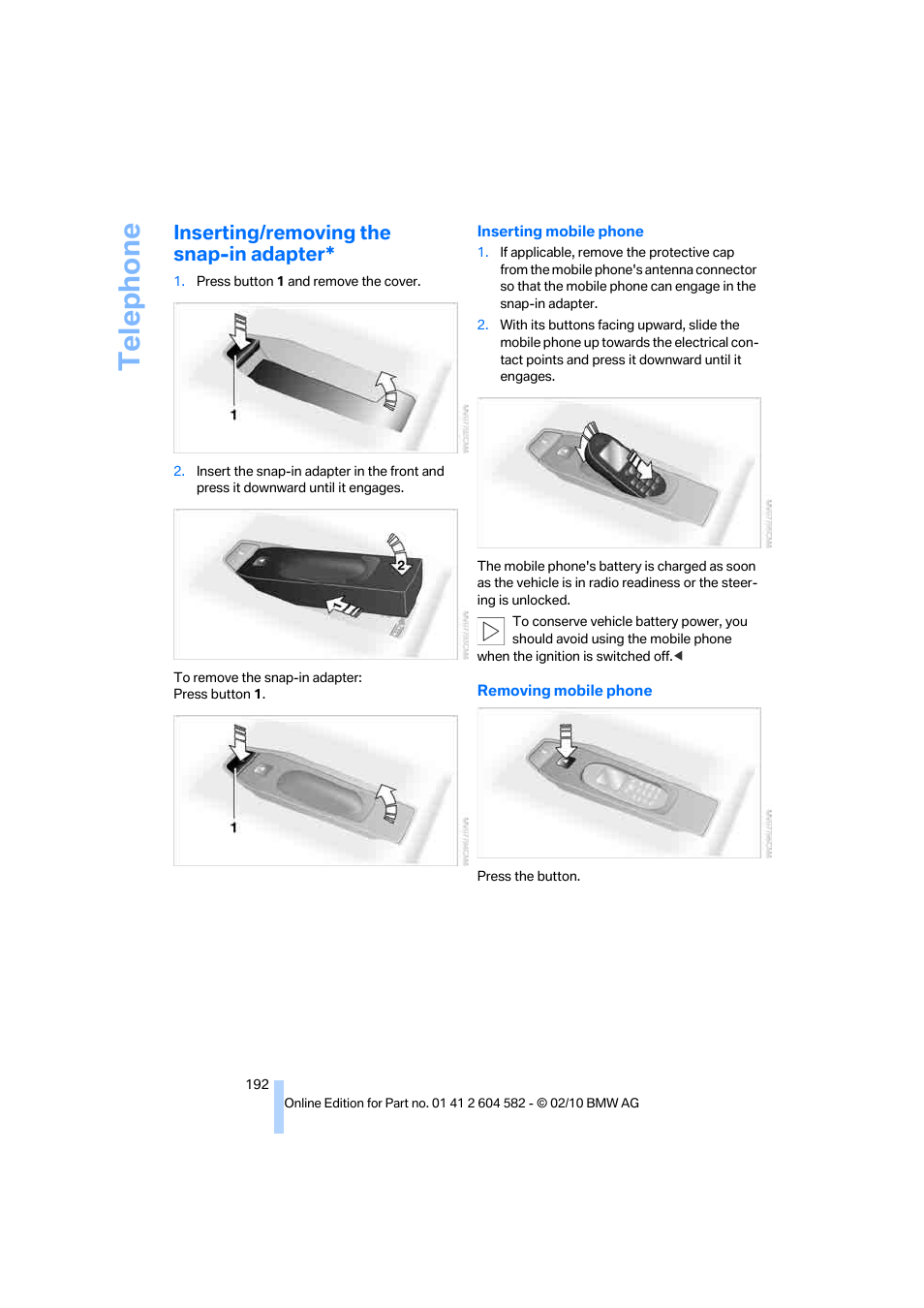 Inserting/removing the snap-in adapter, Te lephone | BMW 328i xDrive Sports Wagon 2011 User Manual | Page 194 / 286