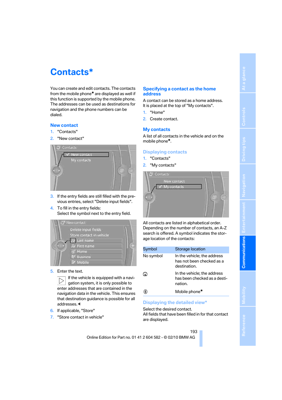 Contacts | BMW 328i xDrive Sports Wagon 2011 User Manual | Page 195 / 286