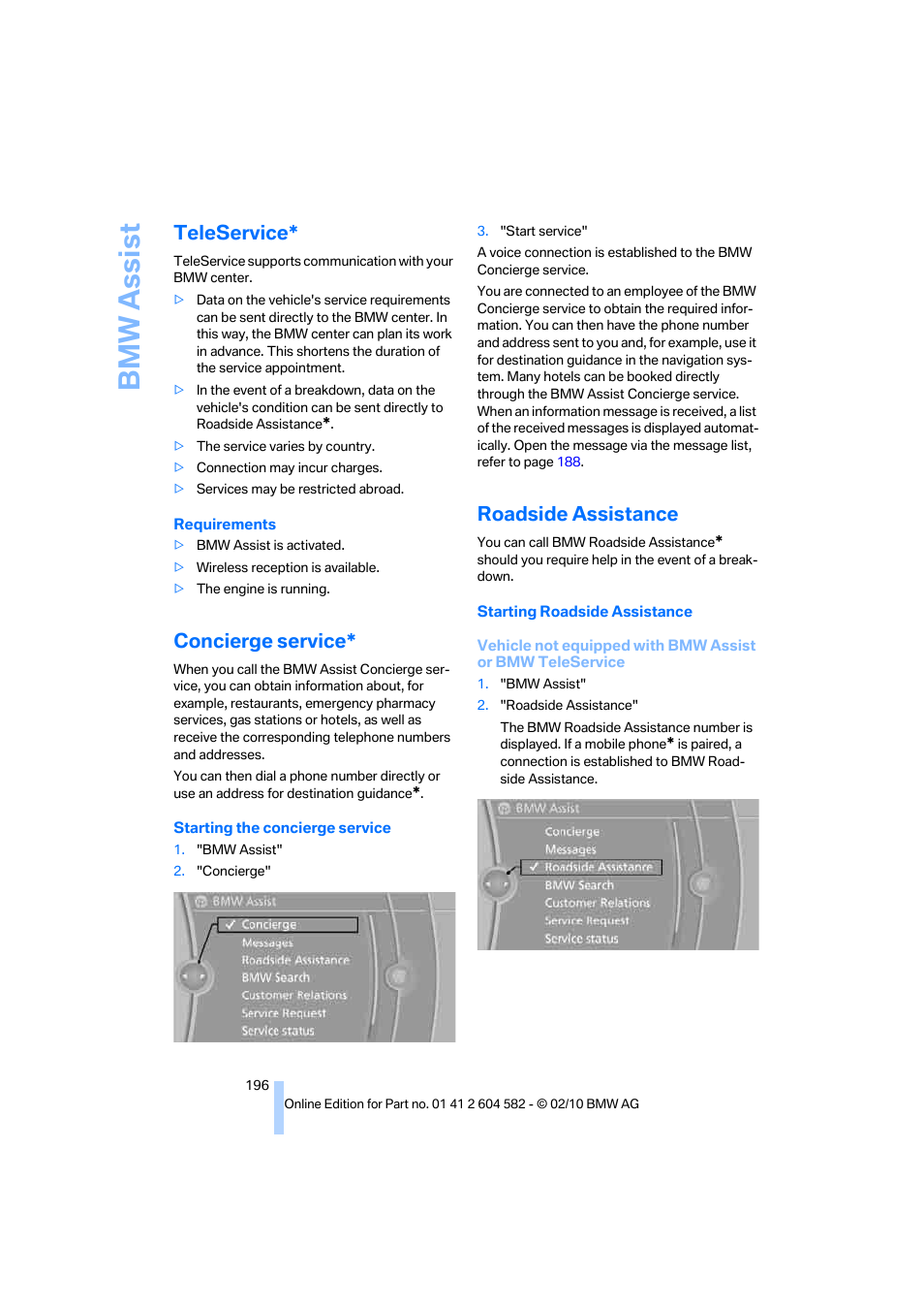 Teleservice, Concierge service, Roadside assistance | Bmw assist | BMW 328i xDrive Sports Wagon 2011 User Manual | Page 198 / 286