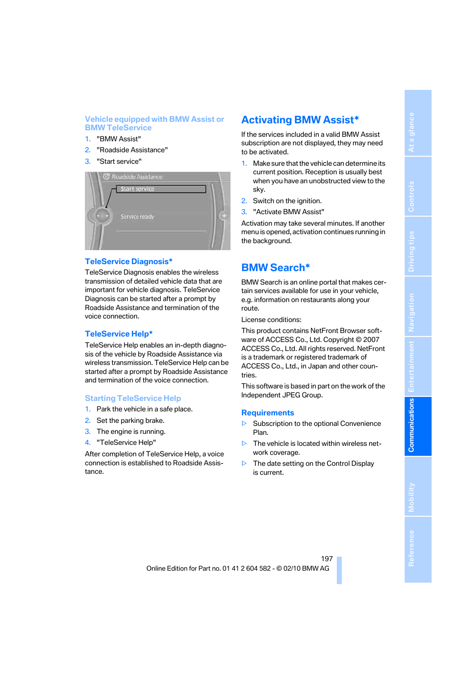 Activating bmw assist, Bmw search | BMW 328i xDrive Sports Wagon 2011 User Manual | Page 199 / 286