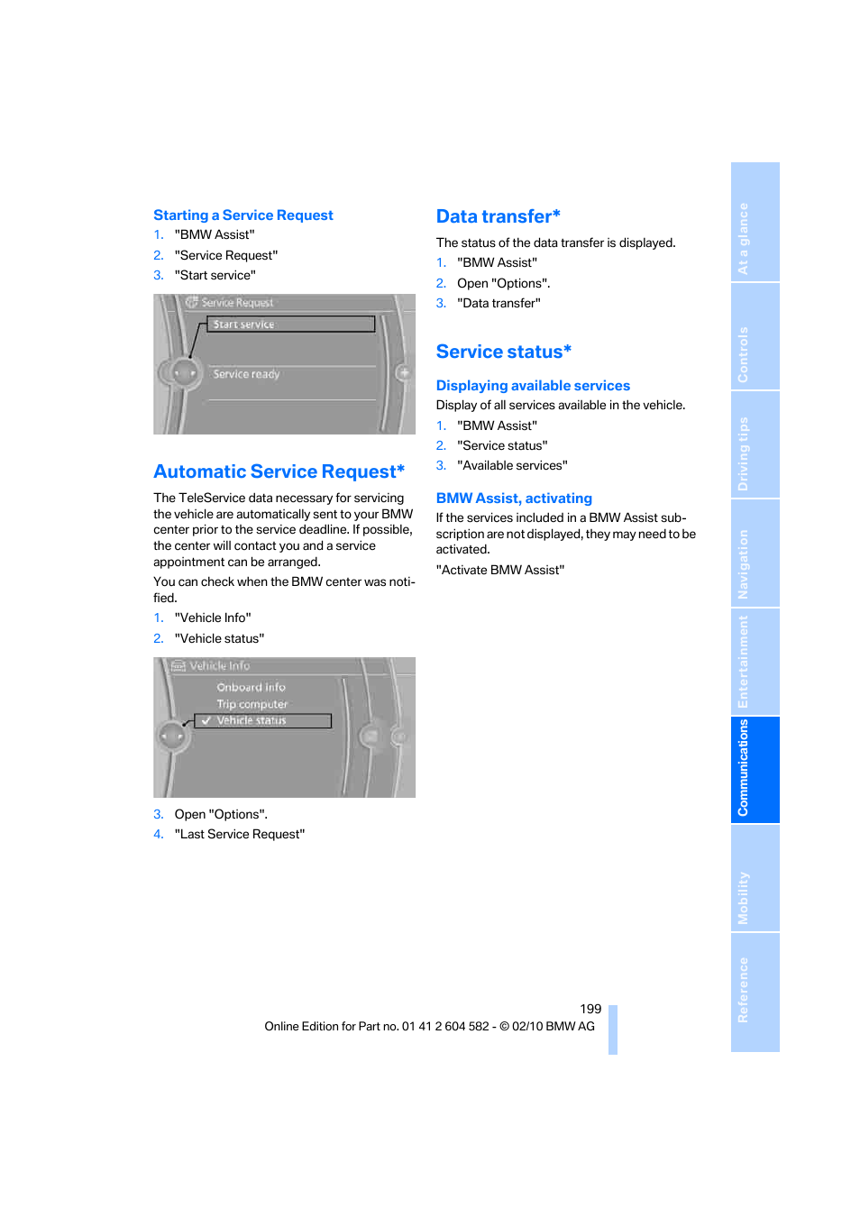 Automatic service request, Data transfer, Service status | BMW 328i xDrive Sports Wagon 2011 User Manual | Page 201 / 286