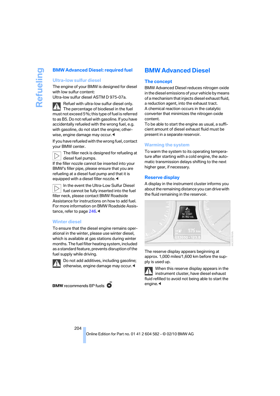 Bmw advanced diesel, Refueling | BMW 328i xDrive Sports Wagon 2011 User Manual | Page 206 / 286