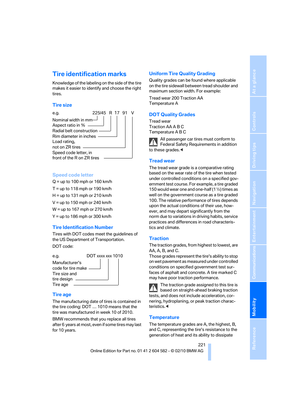 Tire identification marks | BMW 328i xDrive Sports Wagon 2011 User Manual | Page 223 / 286