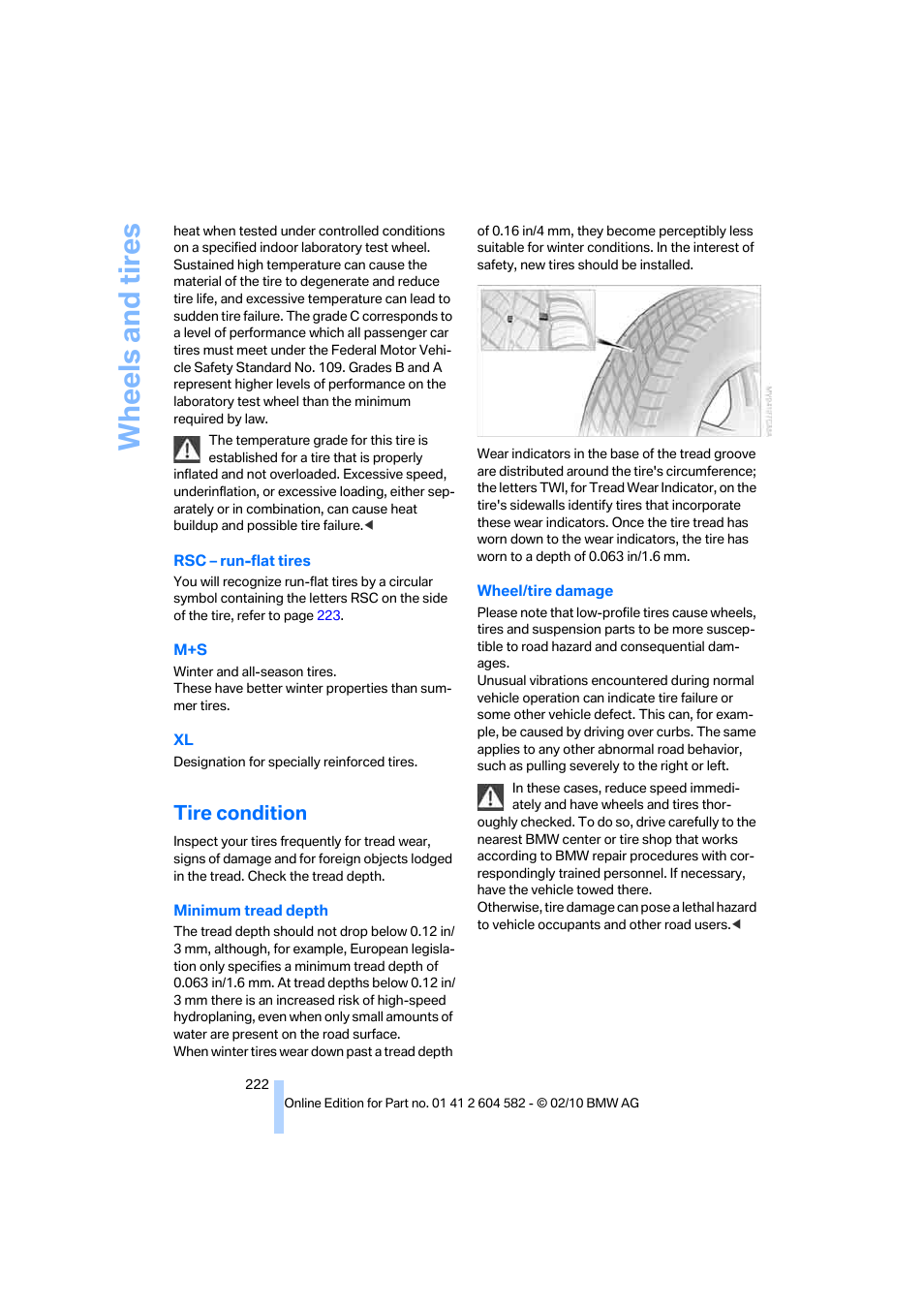 Tire condition, Wheels and tires | BMW 328i xDrive Sports Wagon 2011 User Manual | Page 224 / 286