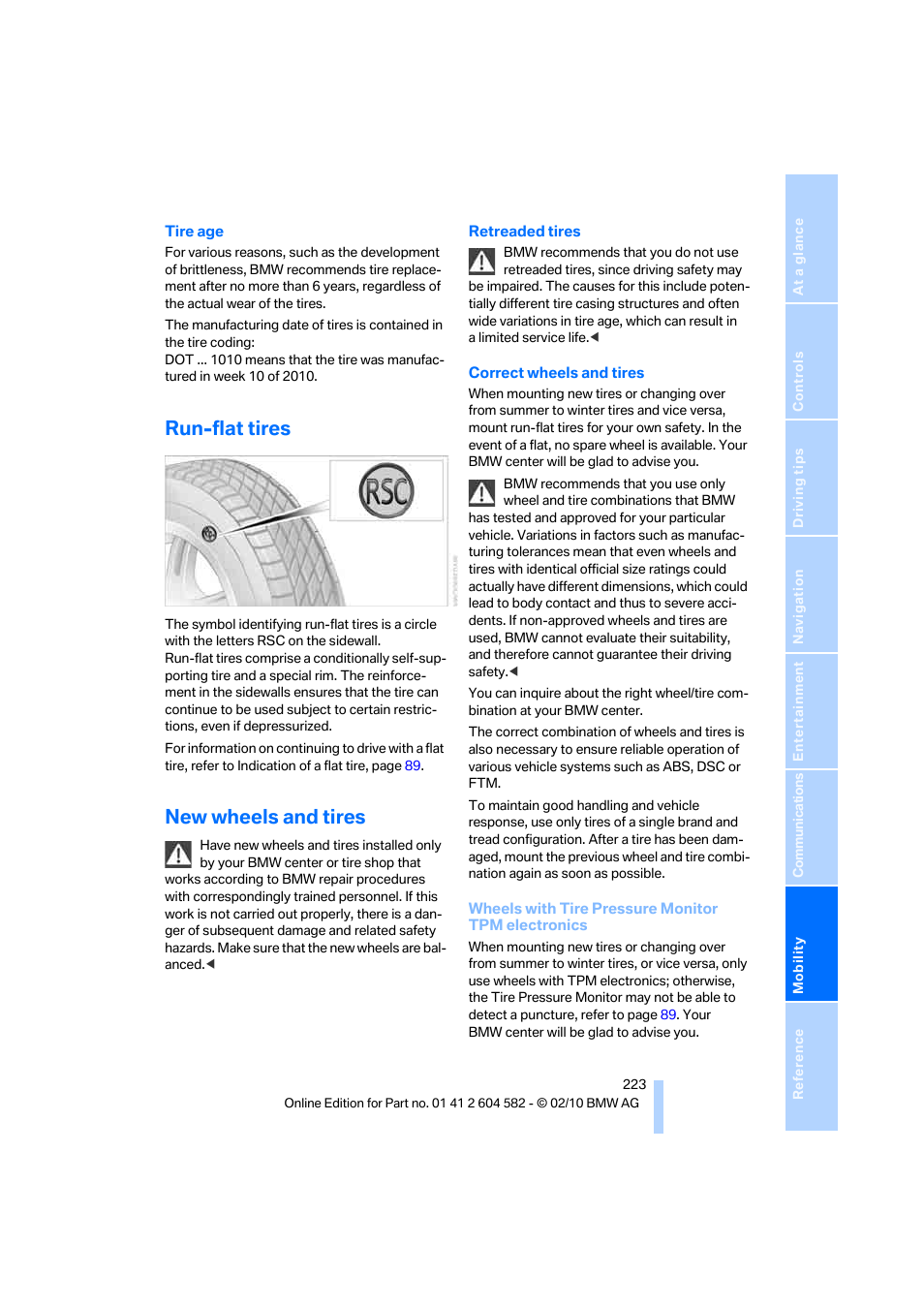 Run-flat tires, New wheels and tires | BMW 328i xDrive Sports Wagon 2011 User Manual | Page 225 / 286