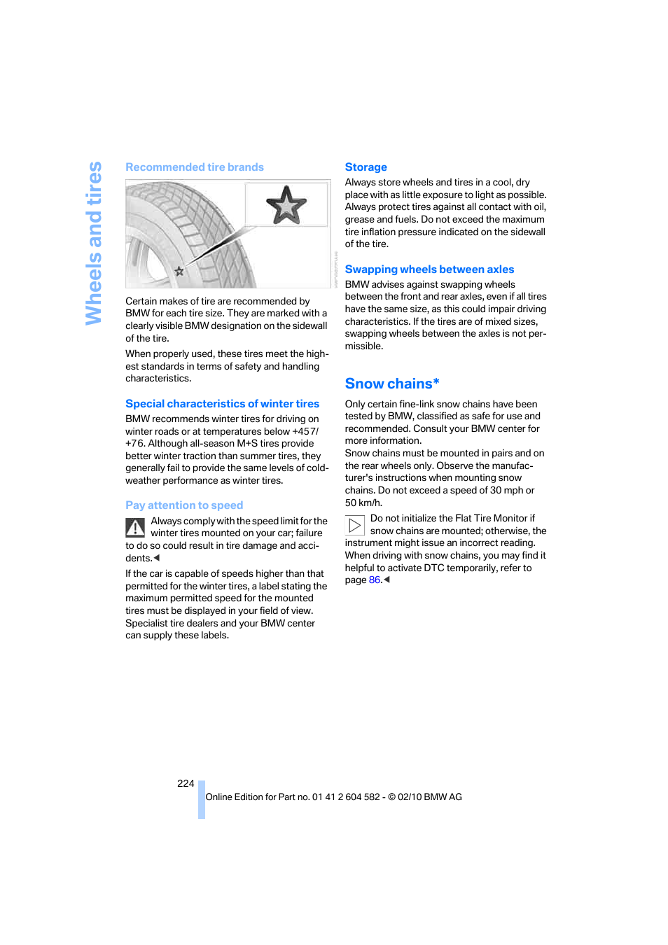 Snow chains, Wheels and tires | BMW 328i xDrive Sports Wagon 2011 User Manual | Page 226 / 286