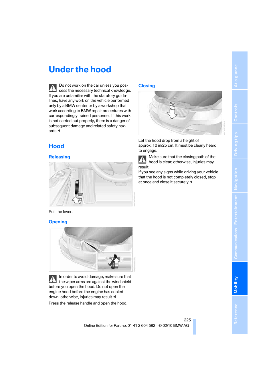 Under the hood, Hood | BMW 328i xDrive Sports Wagon 2011 User Manual | Page 227 / 286