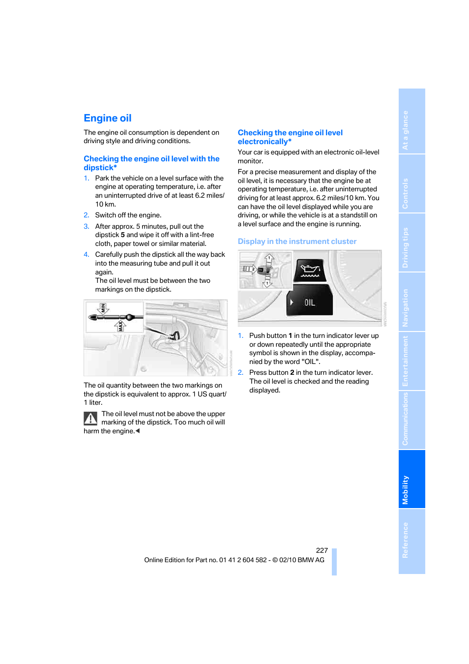 Engine oil, Il level | BMW 328i xDrive Sports Wagon 2011 User Manual | Page 229 / 286