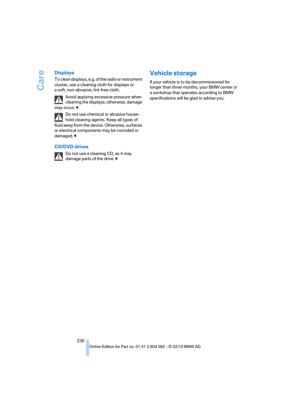 Vehicle storage, Care | BMW 328i xDrive Sports Wagon 2011 User Manual | Page 238 / 286