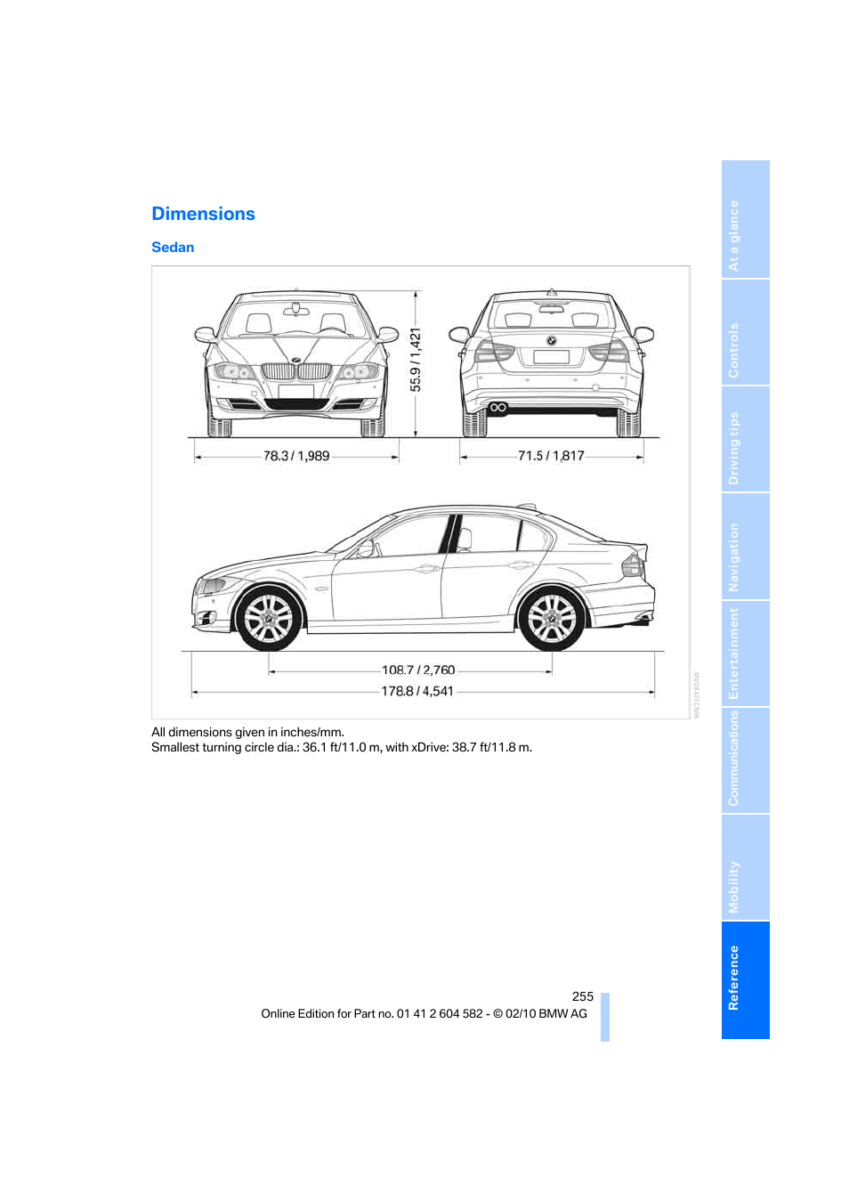 Dimensions | BMW 328i xDrive Sports Wagon 2011 User Manual | Page 257 / 286