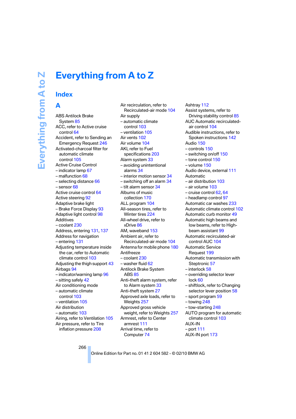 Everything from a to z, Index, Index a | BMW 328i xDrive Sports Wagon 2011 User Manual | Page 268 / 286