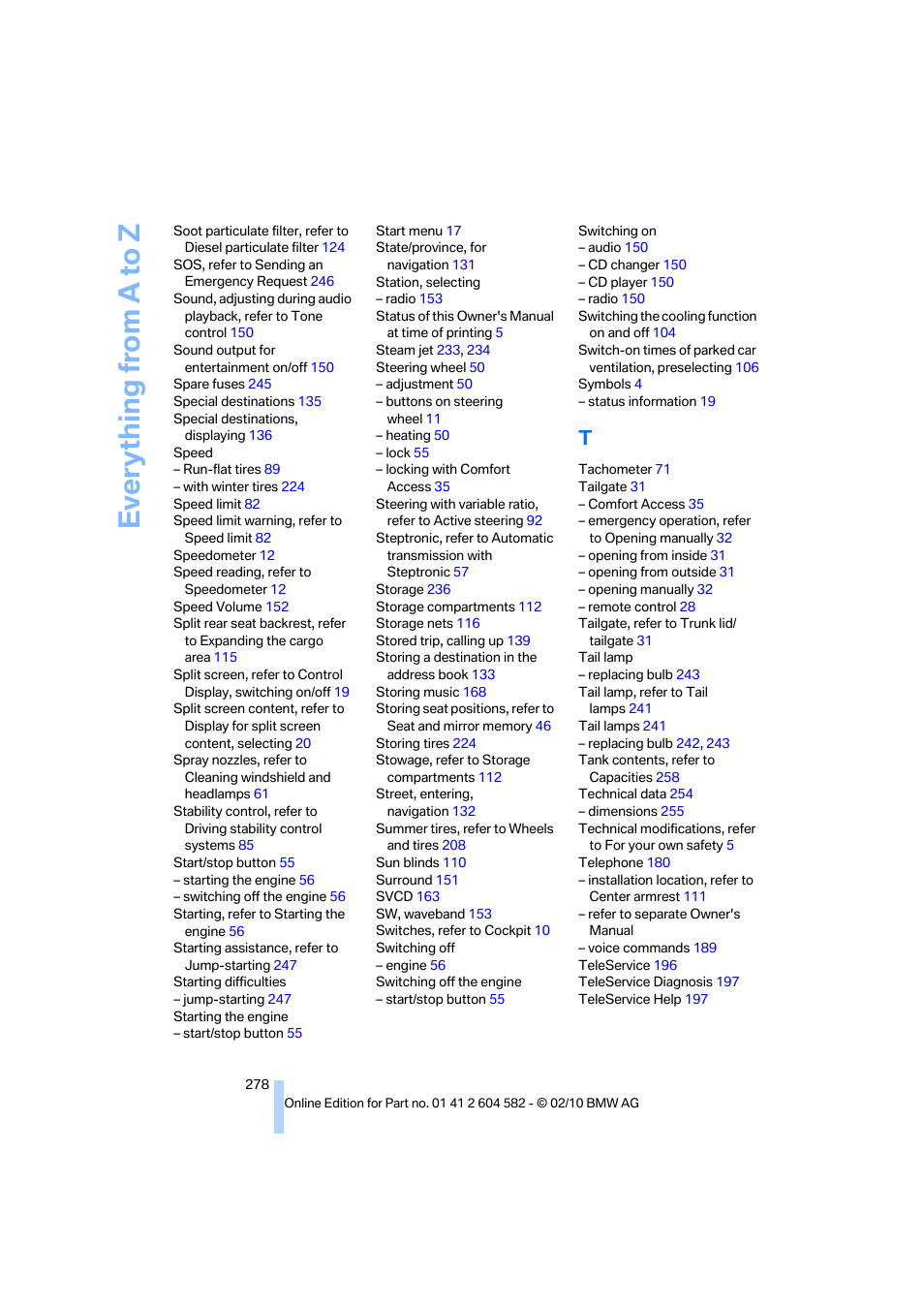 Everything from a to z | BMW 328i xDrive Sports Wagon 2011 User Manual | Page 280 / 286