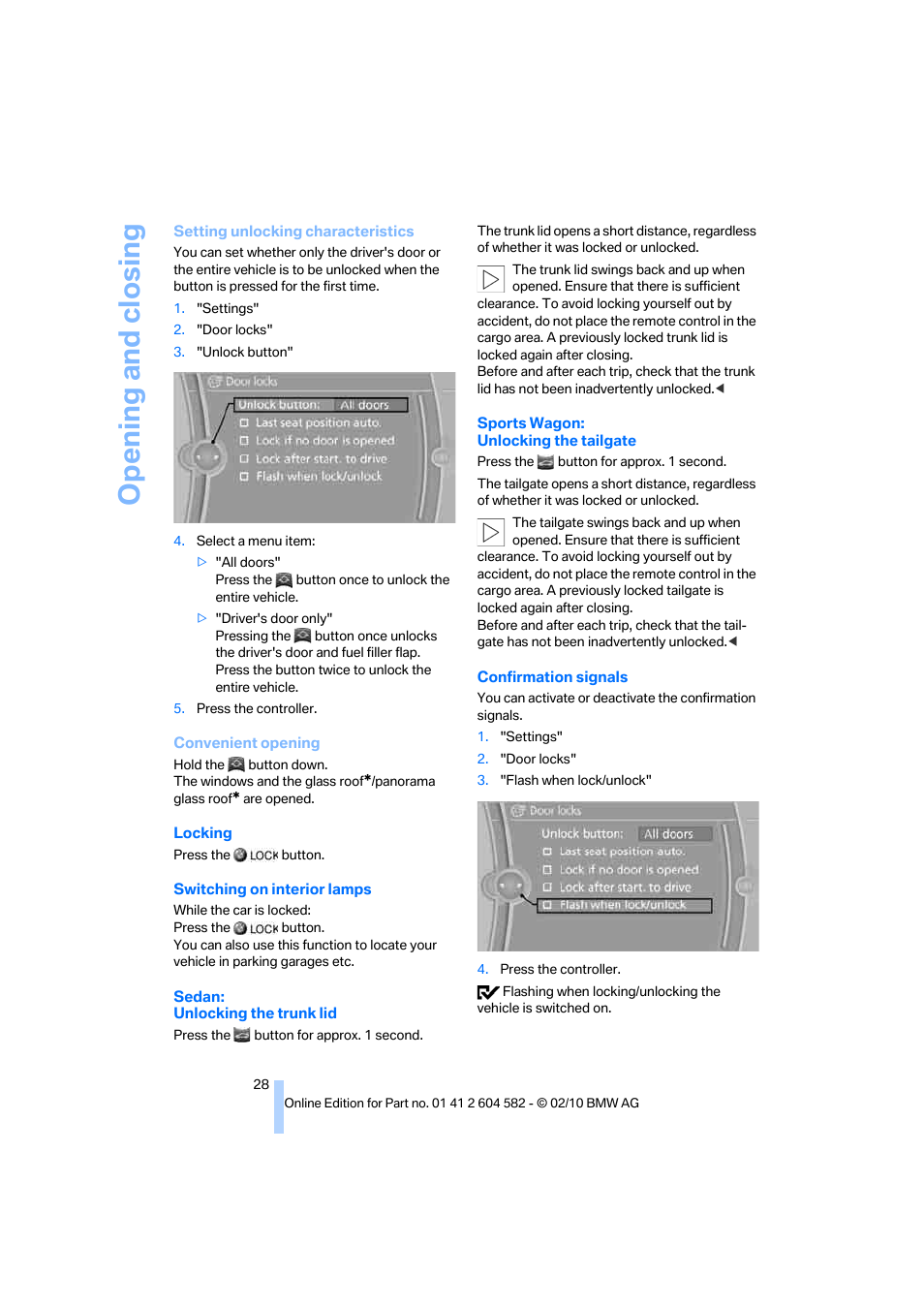 Opening and closing | BMW 328i xDrive Sports Wagon 2011 User Manual | Page 30 / 286