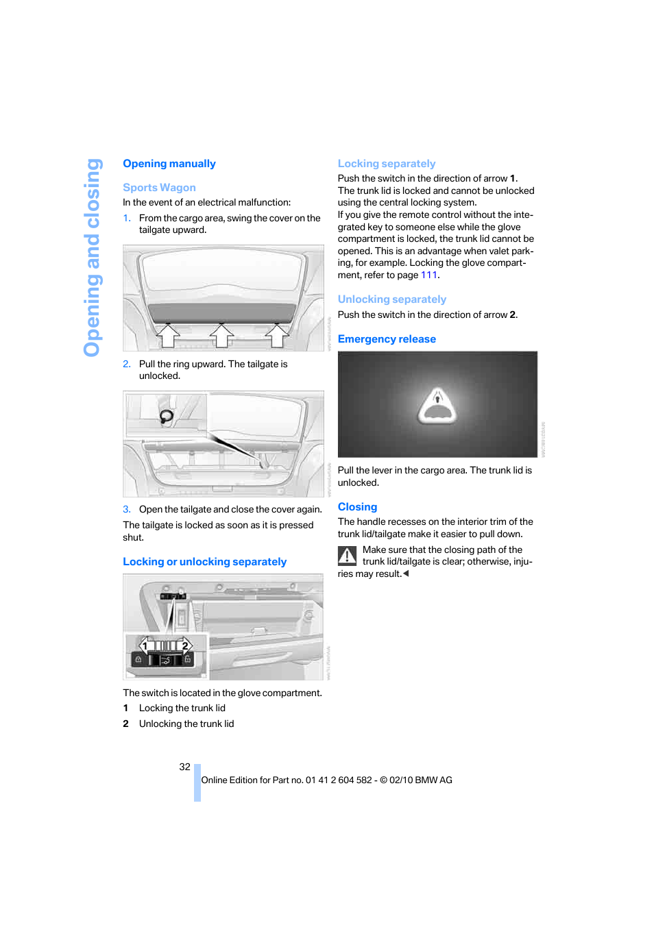 Opening and closing | BMW 328i xDrive Sports Wagon 2011 User Manual | Page 34 / 286