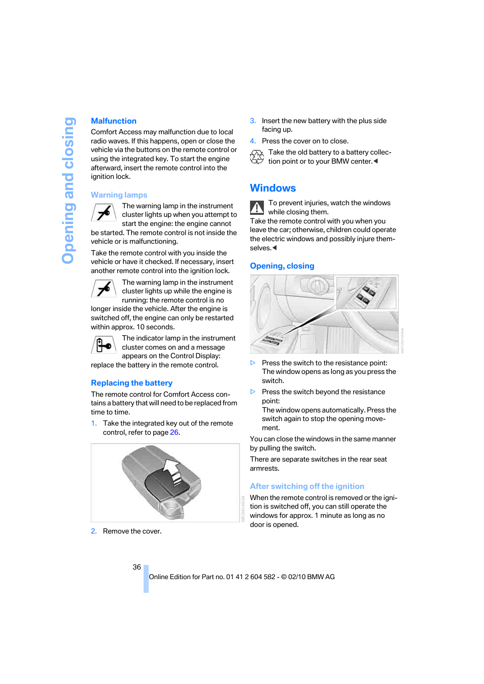 Windows, Opening and closing | BMW 328i xDrive Sports Wagon 2011 User Manual | Page 38 / 286