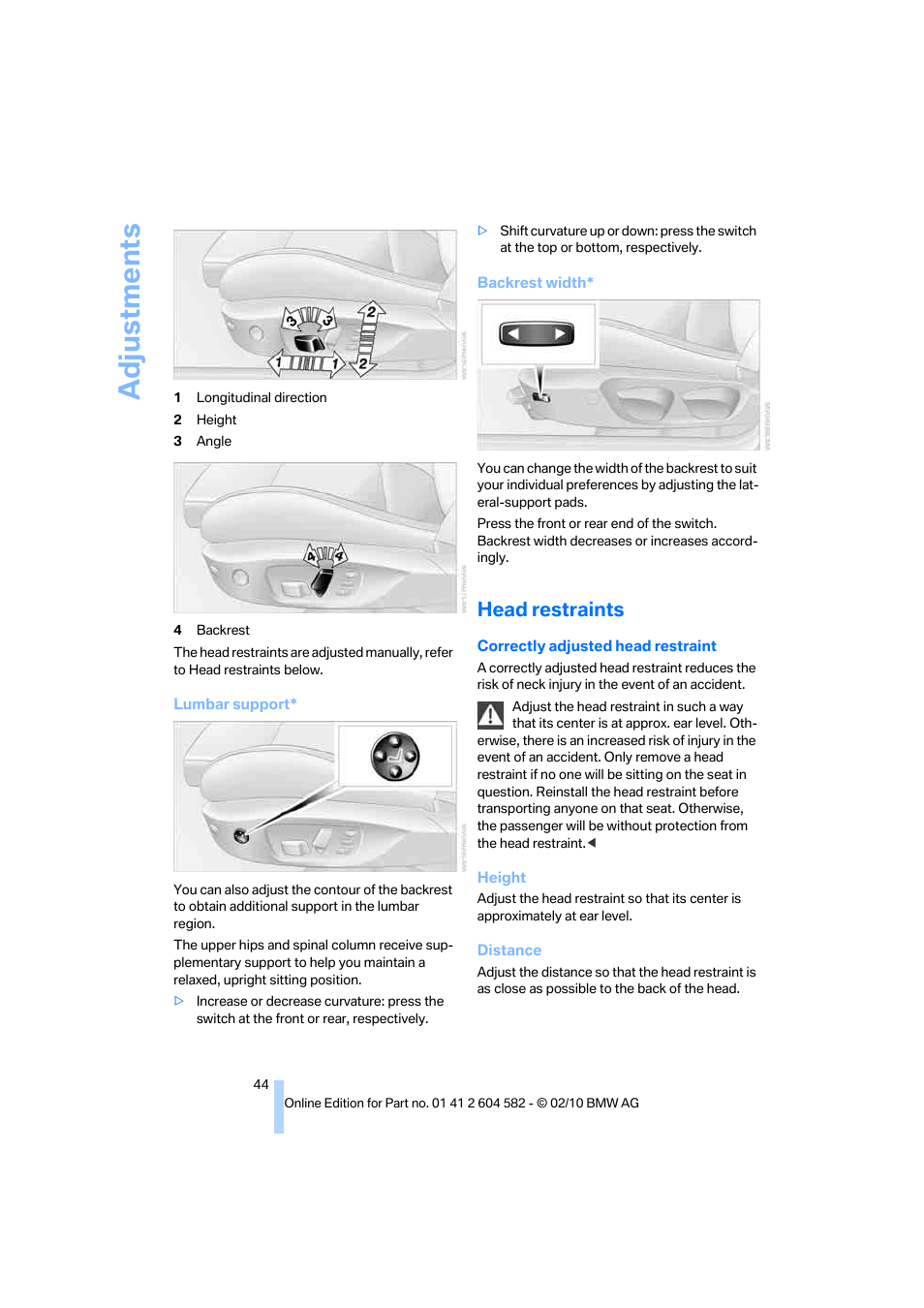 Head restraints, Adjustments | BMW 328i xDrive Sports Wagon 2011 User Manual | Page 46 / 286