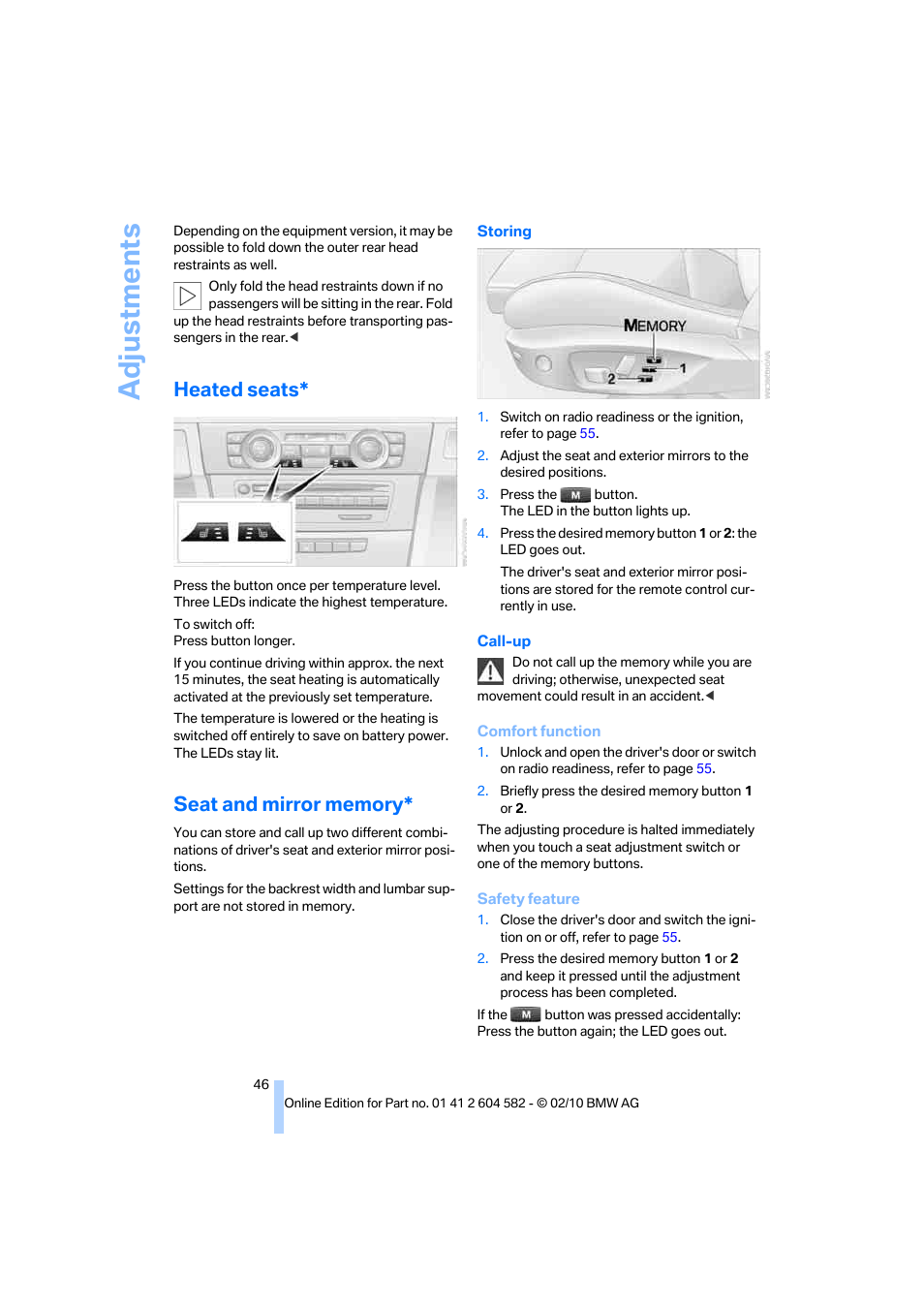 Heated seats, Seat and mirror memory, Adjustments | BMW 328i xDrive Sports Wagon 2011 User Manual | Page 48 / 286