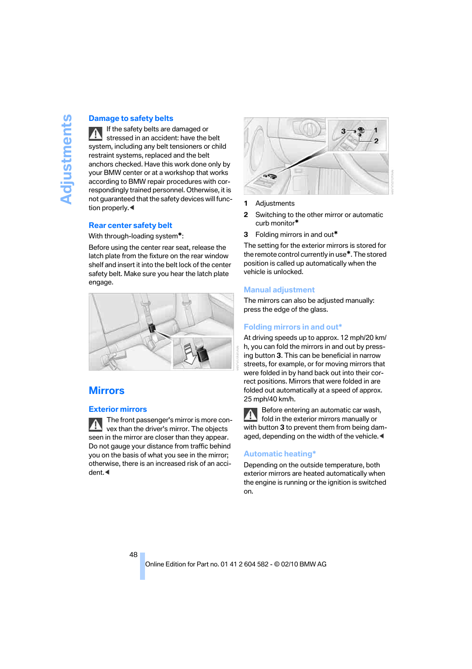 Mirrors, Adjustments | BMW 328i xDrive Sports Wagon 2011 User Manual | Page 50 / 286