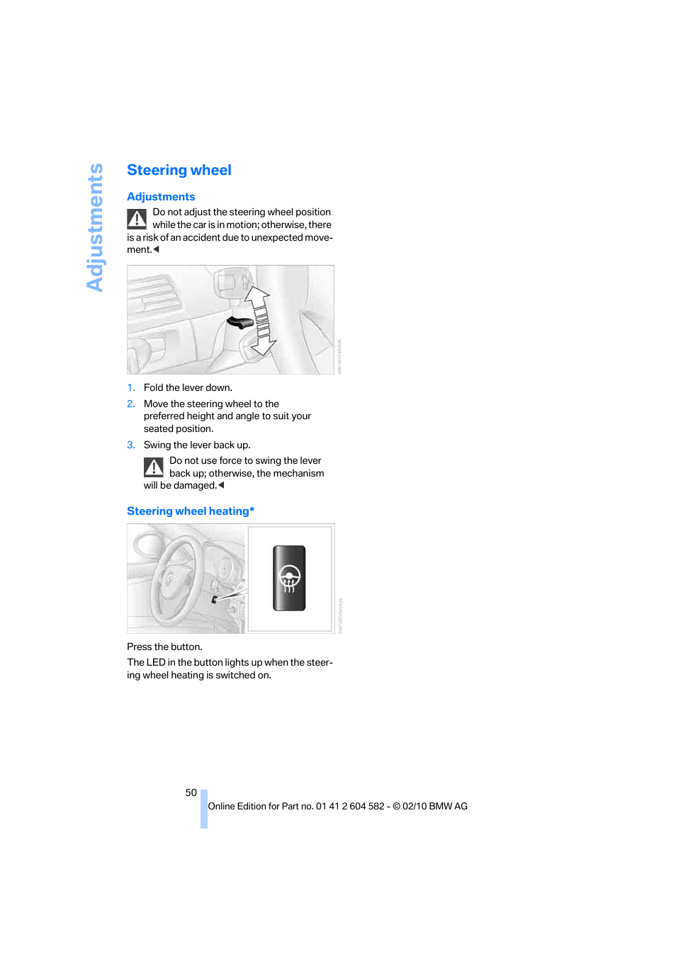 Steering wheel, Adjustments | BMW 328i xDrive Sports Wagon 2011 User Manual | Page 52 / 286