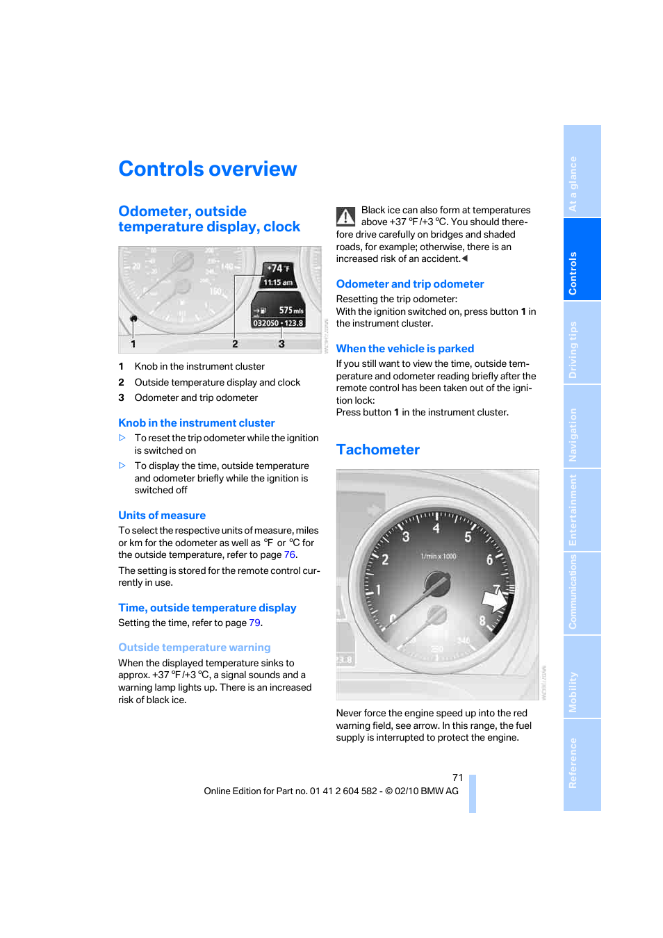 Controls overview, Odometer, outside temperature display, clock, Tachometer | Eter, Clock | BMW 328i xDrive Sports Wagon 2011 User Manual | Page 73 / 286