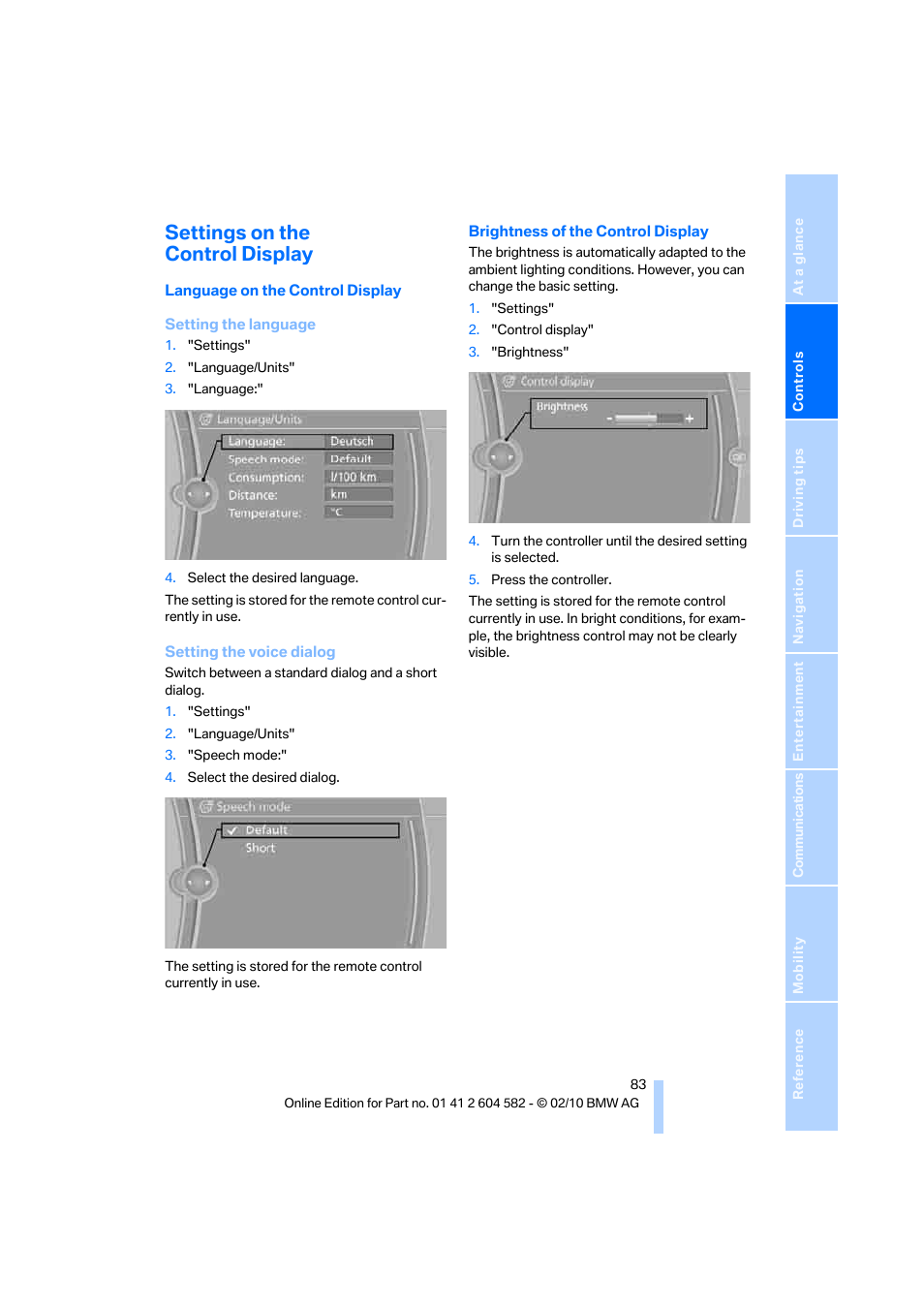 Settings on the control display, Brightness of the control display, Language on the control display, ref | BMW 328i xDrive Sports Wagon 2011 User Manual | Page 85 / 286