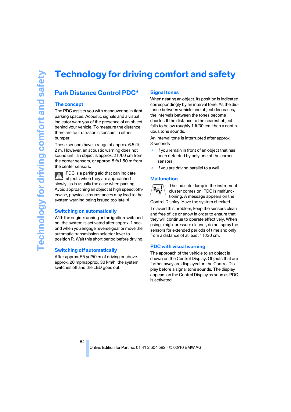 Technology for driving comfort and safety, Park distance control pdc | BMW 328i xDrive Sports Wagon 2011 User Manual | Page 86 / 286