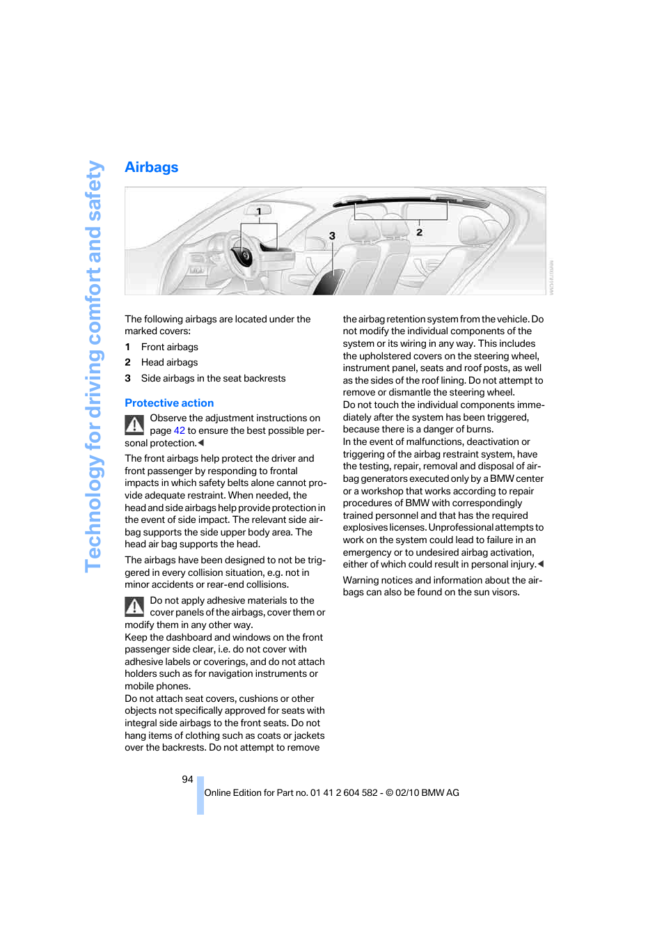 Airbags, Technology for driving comfort and safety | BMW 328i xDrive Sports Wagon 2011 User Manual | Page 96 / 286