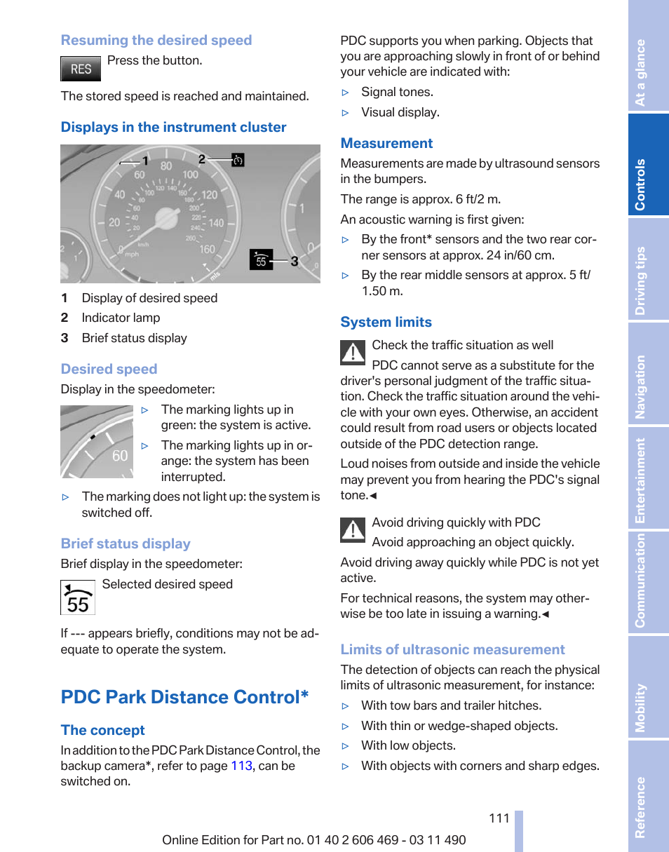 Pdc park distance control | BMW 550i xDrive Sedan 2011 User Manual | Page 111 / 304