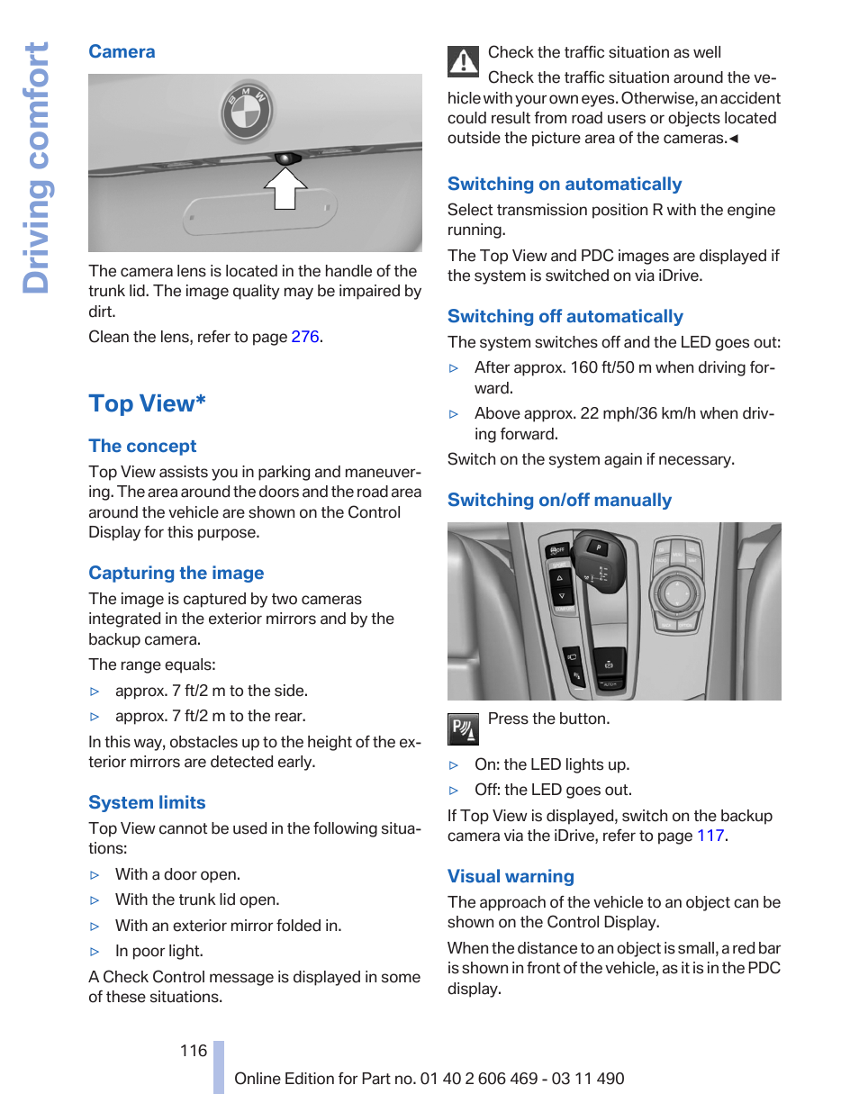 Top view, Driving comfort | BMW 550i xDrive Sedan 2011 User Manual | Page 116 / 304