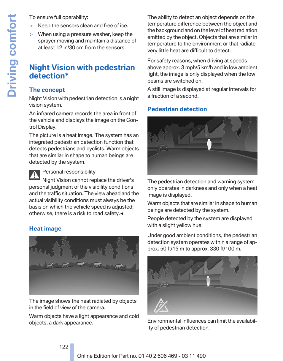 Night vision with pedestrian detection, Tection, Driving comfort | BMW 550i xDrive Sedan 2011 User Manual | Page 122 / 304