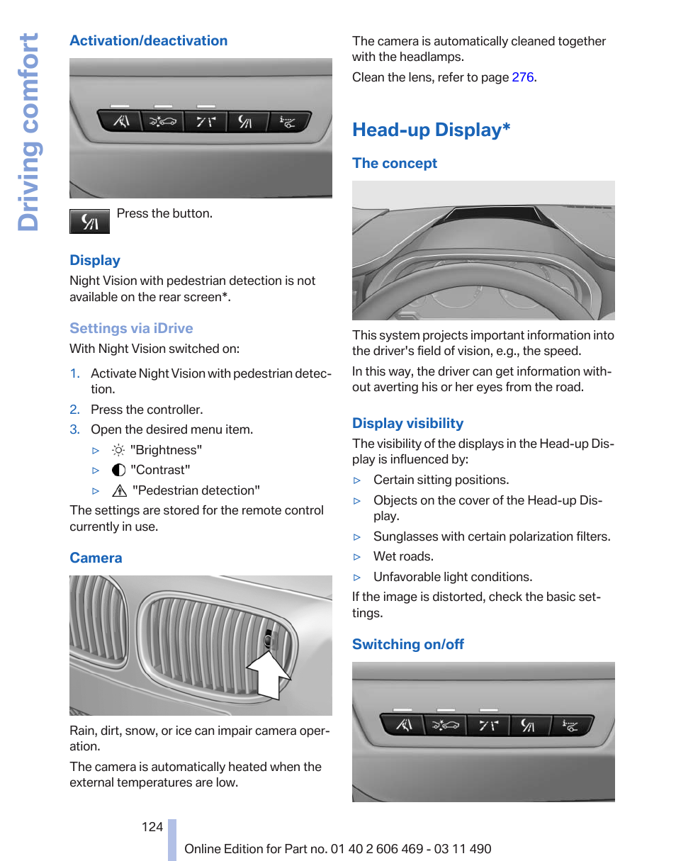 Head-up display, Driving comfort | BMW 550i xDrive Sedan 2011 User Manual | Page 124 / 304