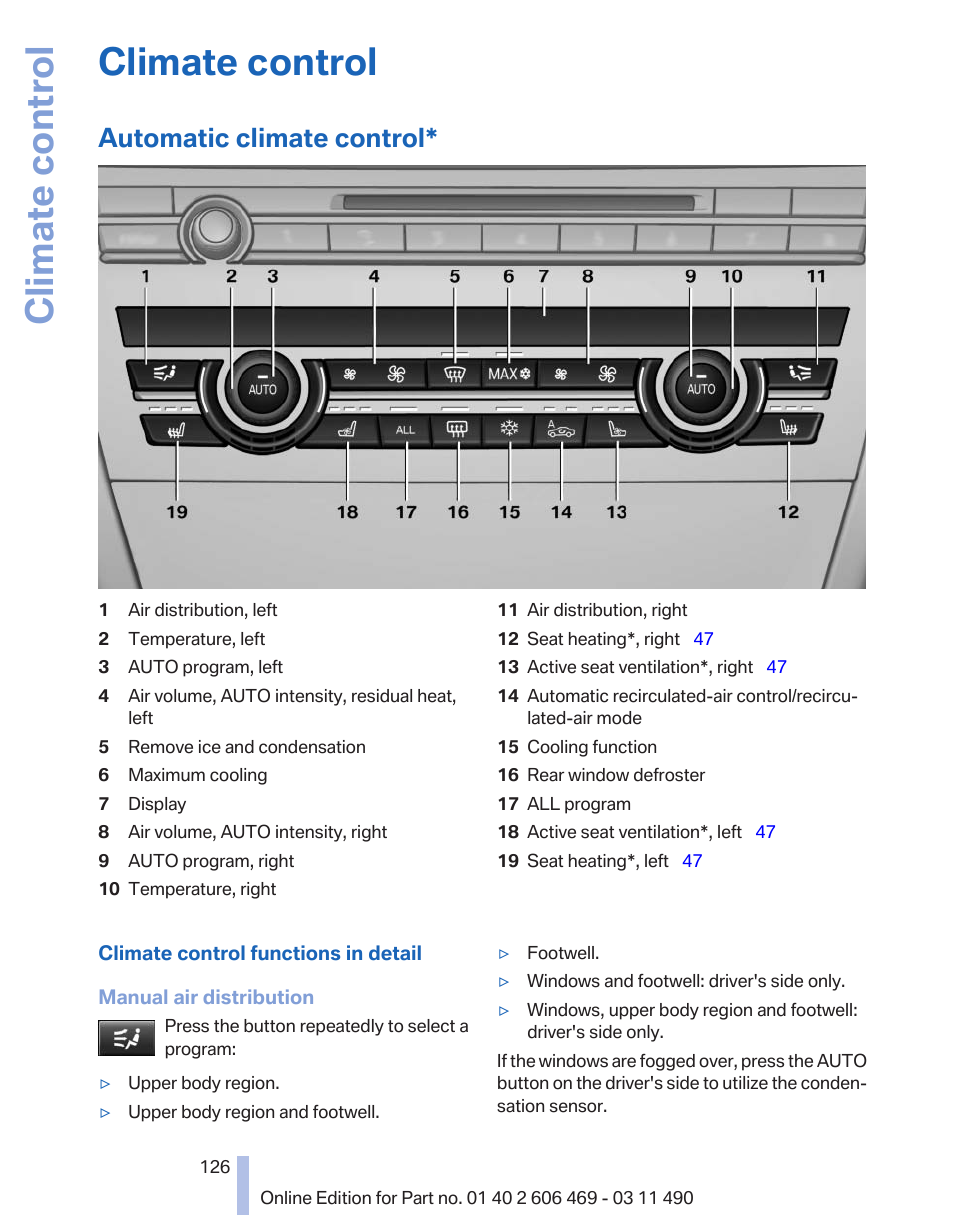 Climate control, Automatic climate control | BMW 550i xDrive Sedan 2011 User Manual | Page 126 / 304