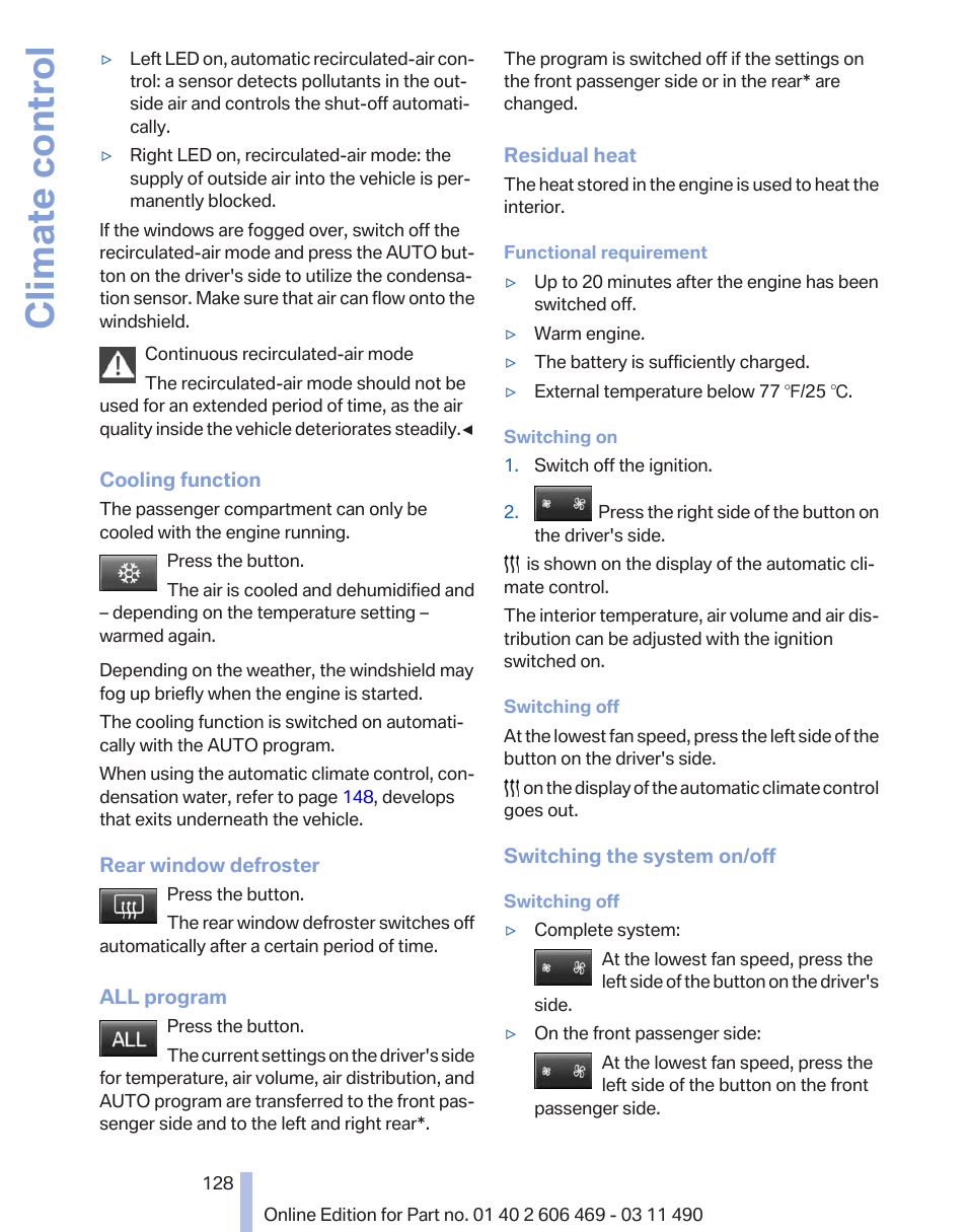 Climate control | BMW 550i xDrive Sedan 2011 User Manual | Page 128 / 304