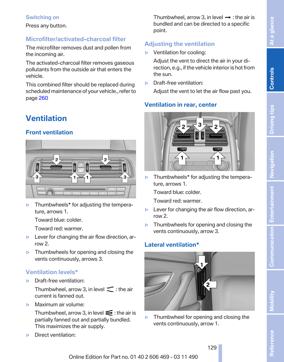 Ventilation | BMW 550i xDrive Sedan 2011 User Manual | Page 129 / 304