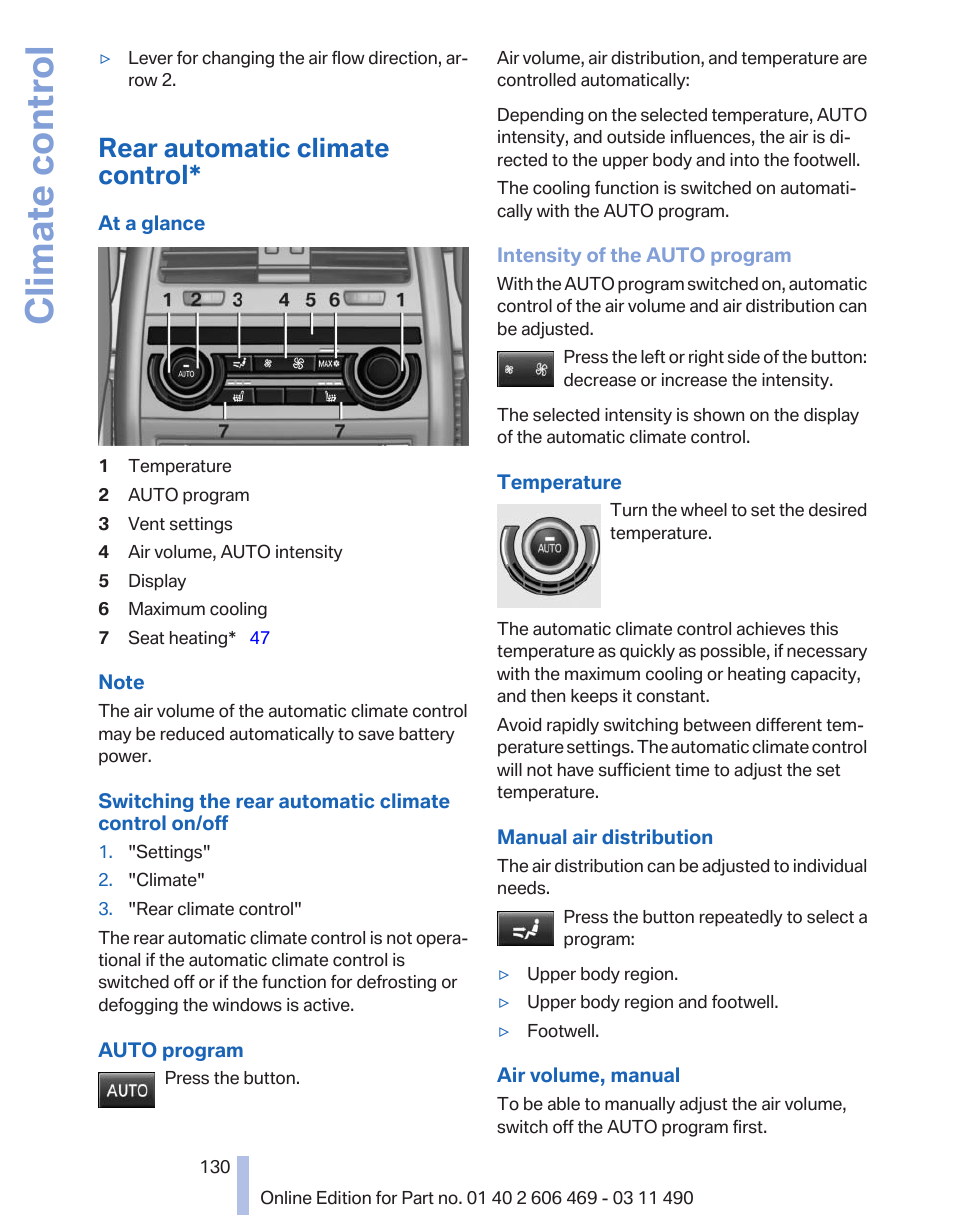 Rear automatic climate control, Climate control | BMW 550i xDrive Sedan 2011 User Manual | Page 130 / 304