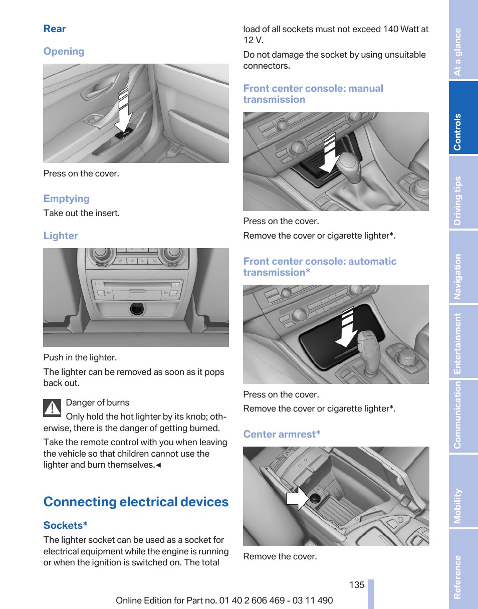 Connecting electrical devices | BMW 550i xDrive Sedan 2011 User Manual | Page 135 / 304