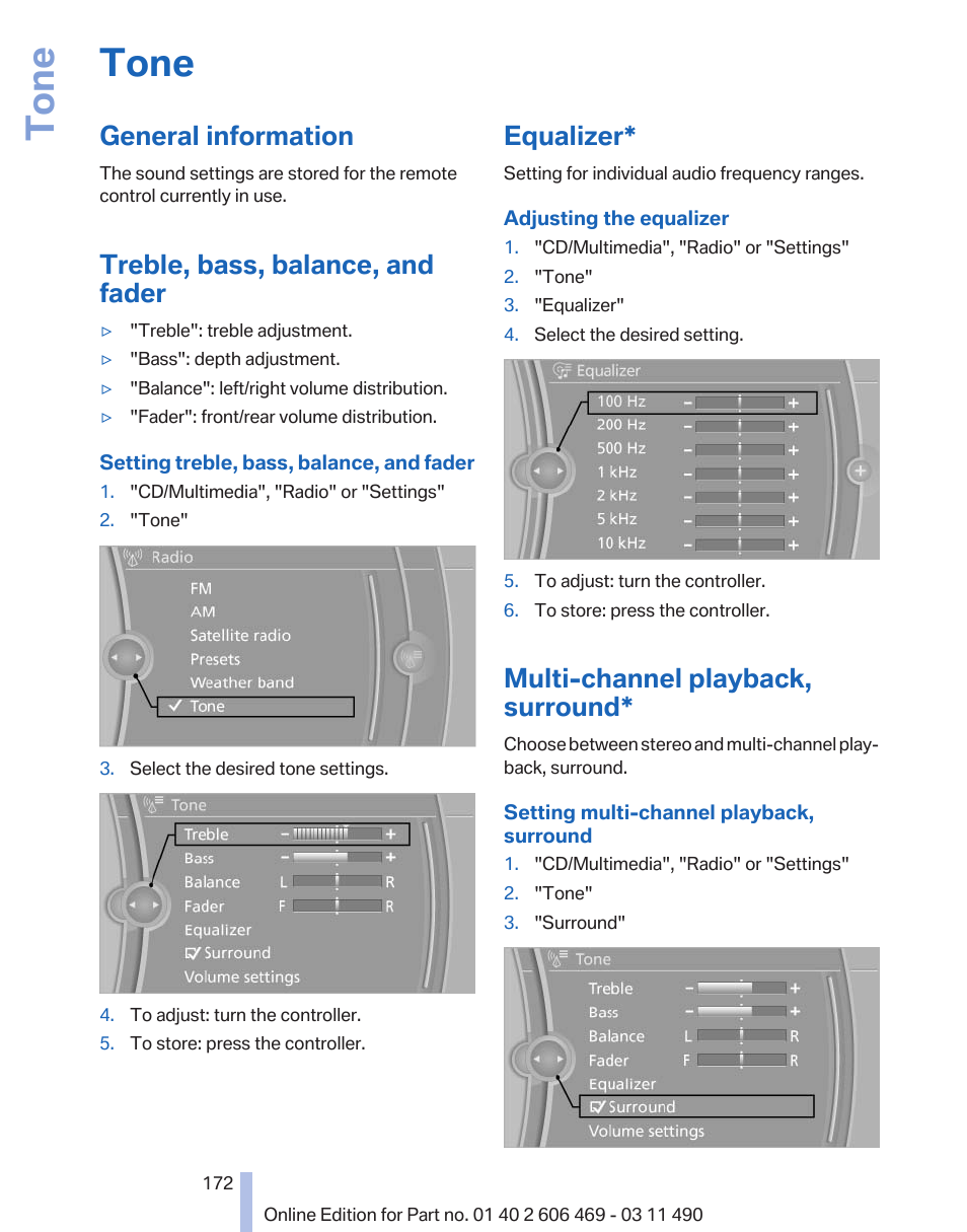 Tone, General information, Treble, bass, balance, and fader | Equalizer, Multi-channel playback, surround, Tone settings | BMW 550i xDrive Sedan 2011 User Manual | Page 172 / 304