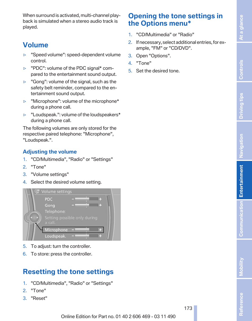 Volume, Resetting the tone settings, Opening the tone settings in the options menu | BMW 550i xDrive Sedan 2011 User Manual | Page 173 / 304